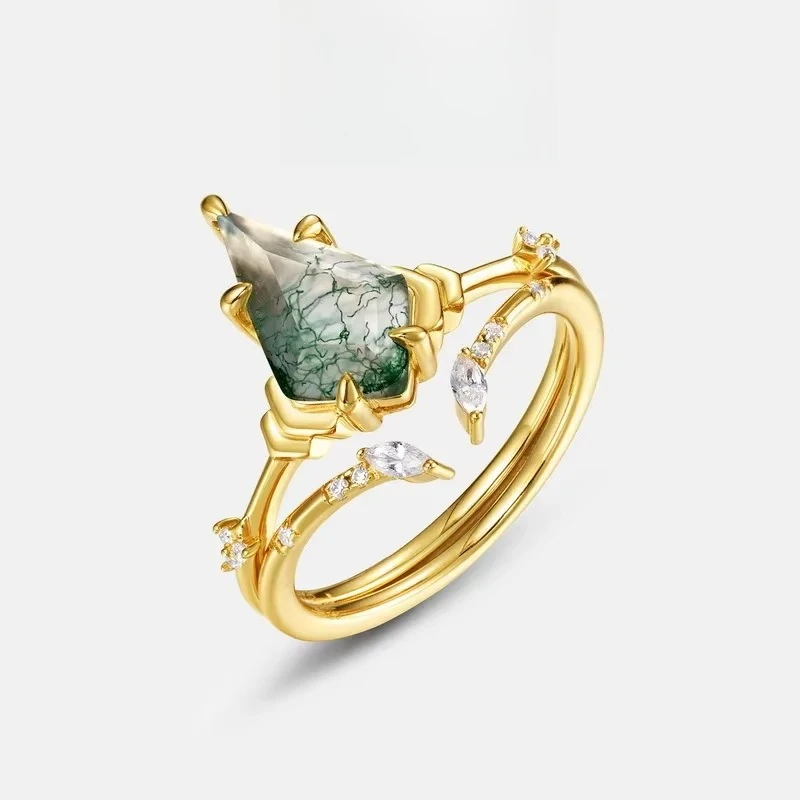 

Natural Green Moss Moissanite Ring S925 Silver Plated 18K Gold PT950 Platinum Water Grass Agate Ring