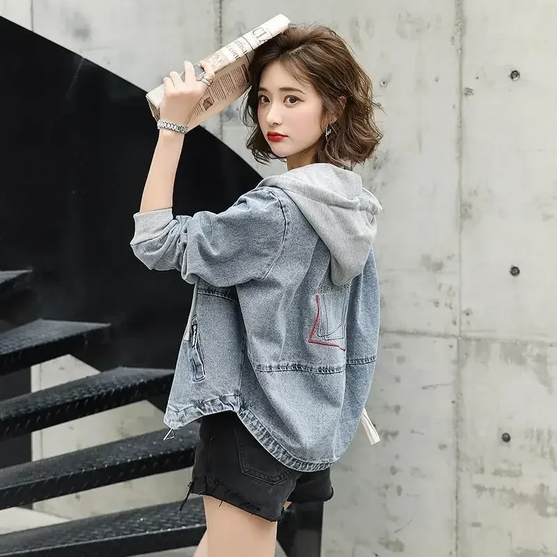 Denim Jacket for Women Grey Hooded Patchwork Outerwear Spring Autumn Woman Jean Coat Cowgirl Clothing 2024 Trend New Arrivals In