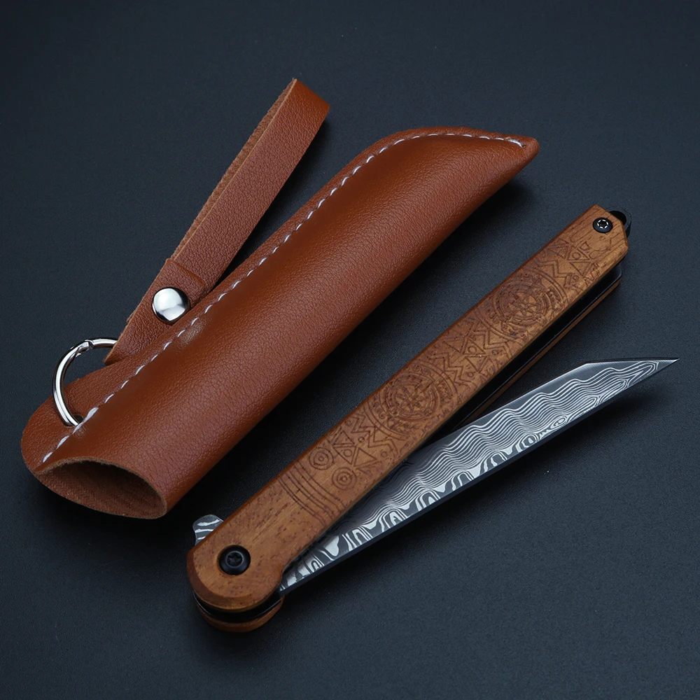 Myanmar yellow sandalwood Damascus folding knife high hardness outdoor knife camping EDC tool knife including scabbard