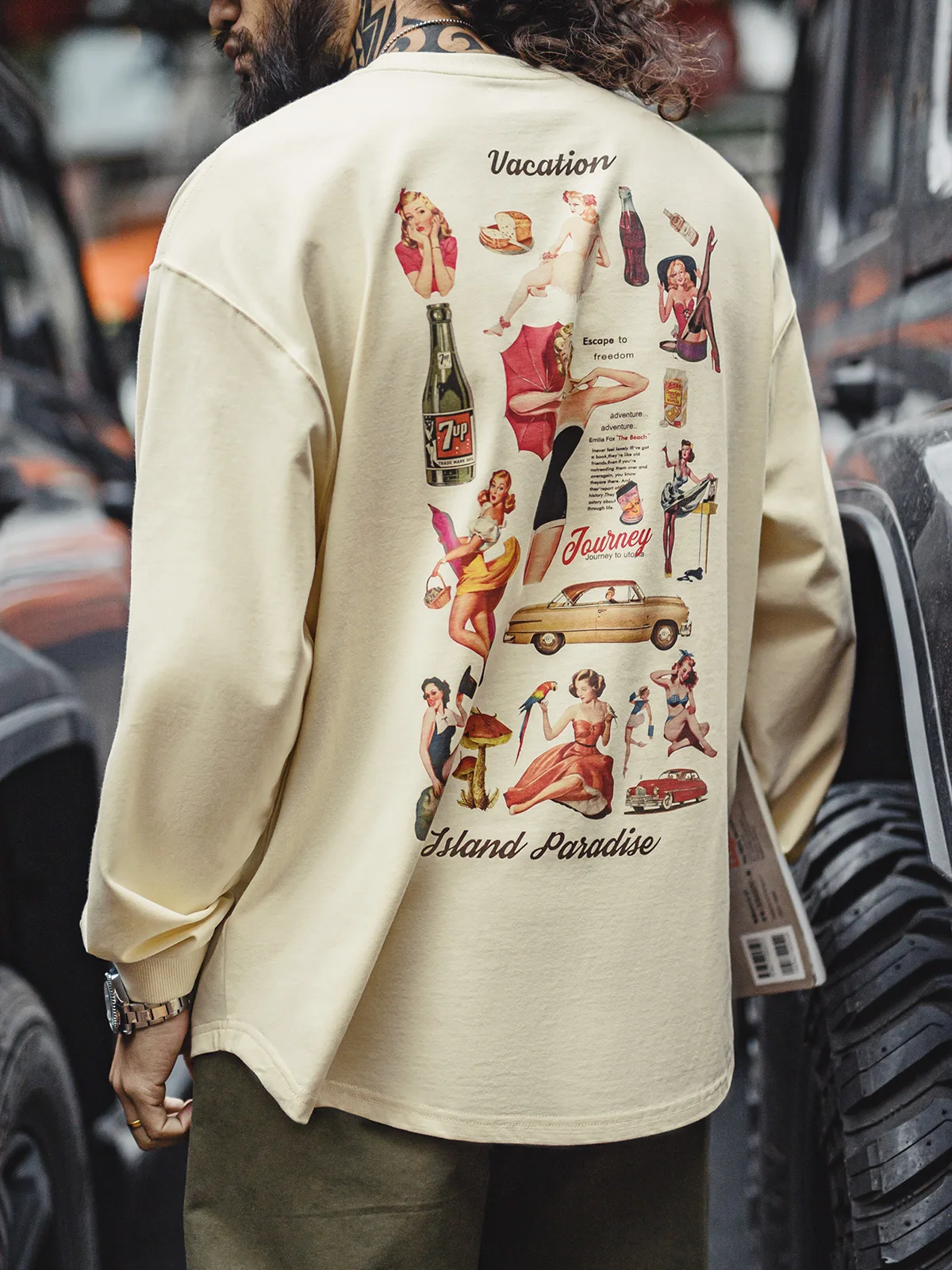 

Maden American Retro Print Long Sve T-irt Loose Casual Pure Cotton round Ne Base irt Top for Men Spring Season