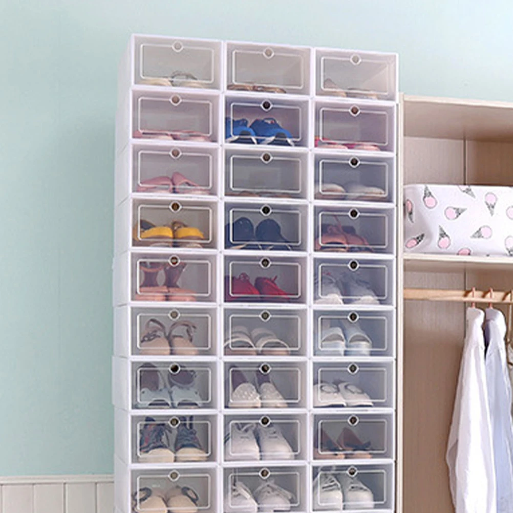 

6pcs Shoes Storage Box Stackable Closet Organizers Pink Rack Shoe Container Transparent Door Material Household Storage