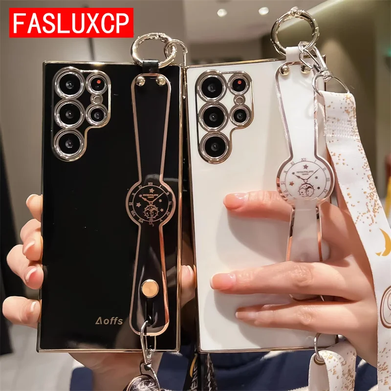 S20 S21FE Note 10 20 S22 Ultra Cover Crossbody Electroplated Clock Phone Holder Case para Samsung A52S 32 12 72 50 70 13 33 53 73