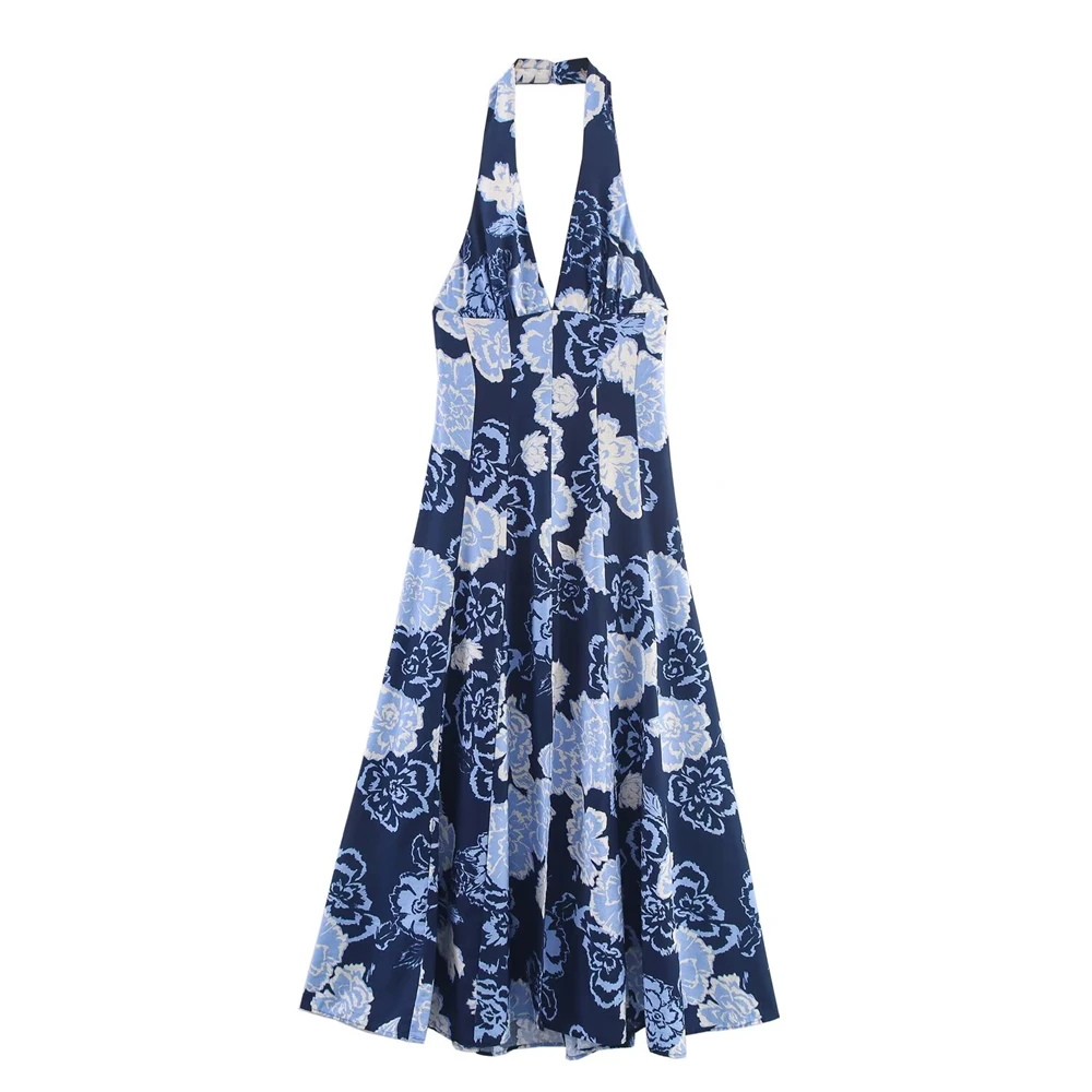 

Teen Girls Dress 2025 New Fashion Summer Printed Halterneck Midi Dress for Women Causal Chic Teen Girl Clothes