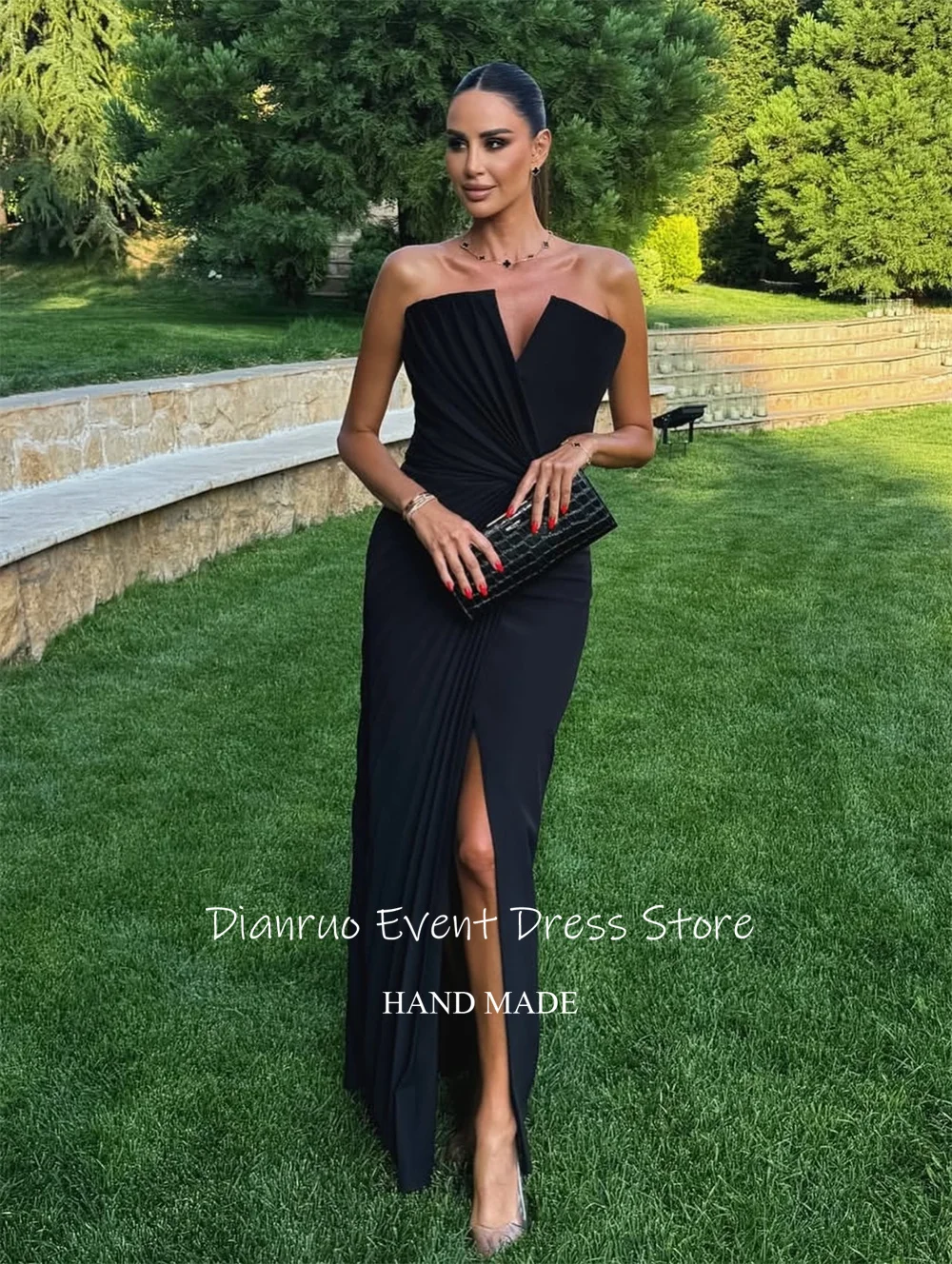 Dianruo 黒シャーリングイブニングドレスハイスリットサテンマーメイド Vestidos デ フィエスタフィットノースリーブ Abiti Da Cerimonia カスタマイズ