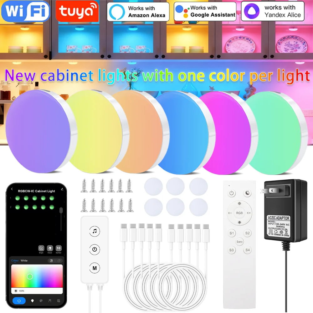 

Tuya Wi-Fi DC24V RGB Цветное освещение под шкафом Puck Light с дистанционным управлением Фестивальный гардероб Спальня Кухня для Alexa Google