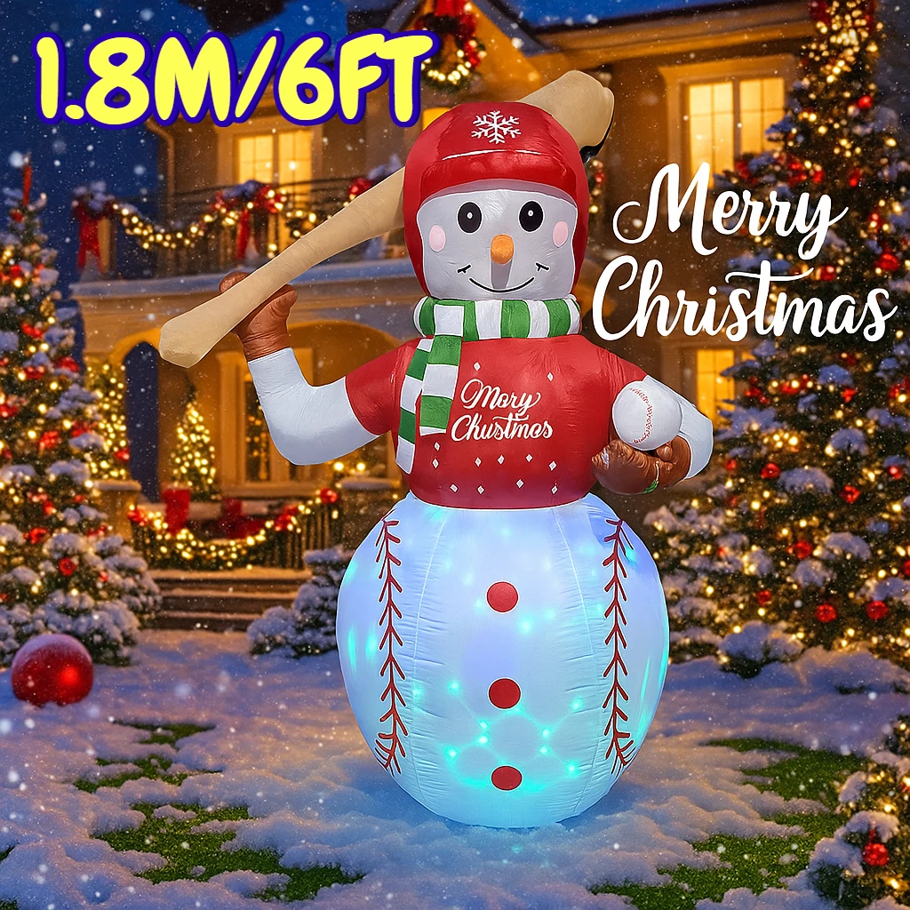 1.8M/6FT Pupazzo di neve da baseball Decorazioni natalizie per la casa Giocattoli gonfiabili con luci a LED Ornamenti natalizi per feste Decorazioni fai da te
