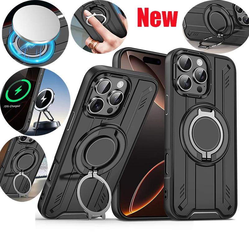 360 ° Rotierenden Metall Ring Auto Halter Rüstung Drahtlose Lade Telefon Fall Für iPhone 16 Pro Max E 14 13 12 11 15 Pro max Zurück Abdeckung