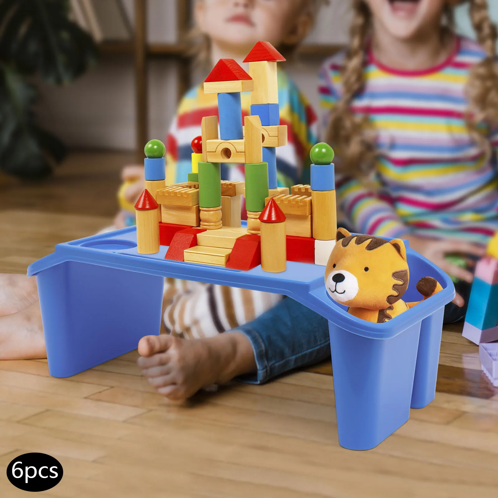 6Pcs Blue Multifunctional Movable Dining Table Children's Laptop Table with Side Storage Used in Kindergartens and Families