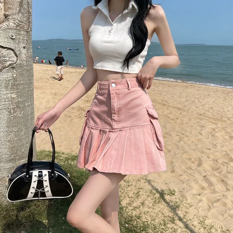 Pink Cargo Denim Skirt Women Korean Fashion High Waisted Big Pockets Mini Skirts De Mujer College Style Wild Pleated Skirt Z614