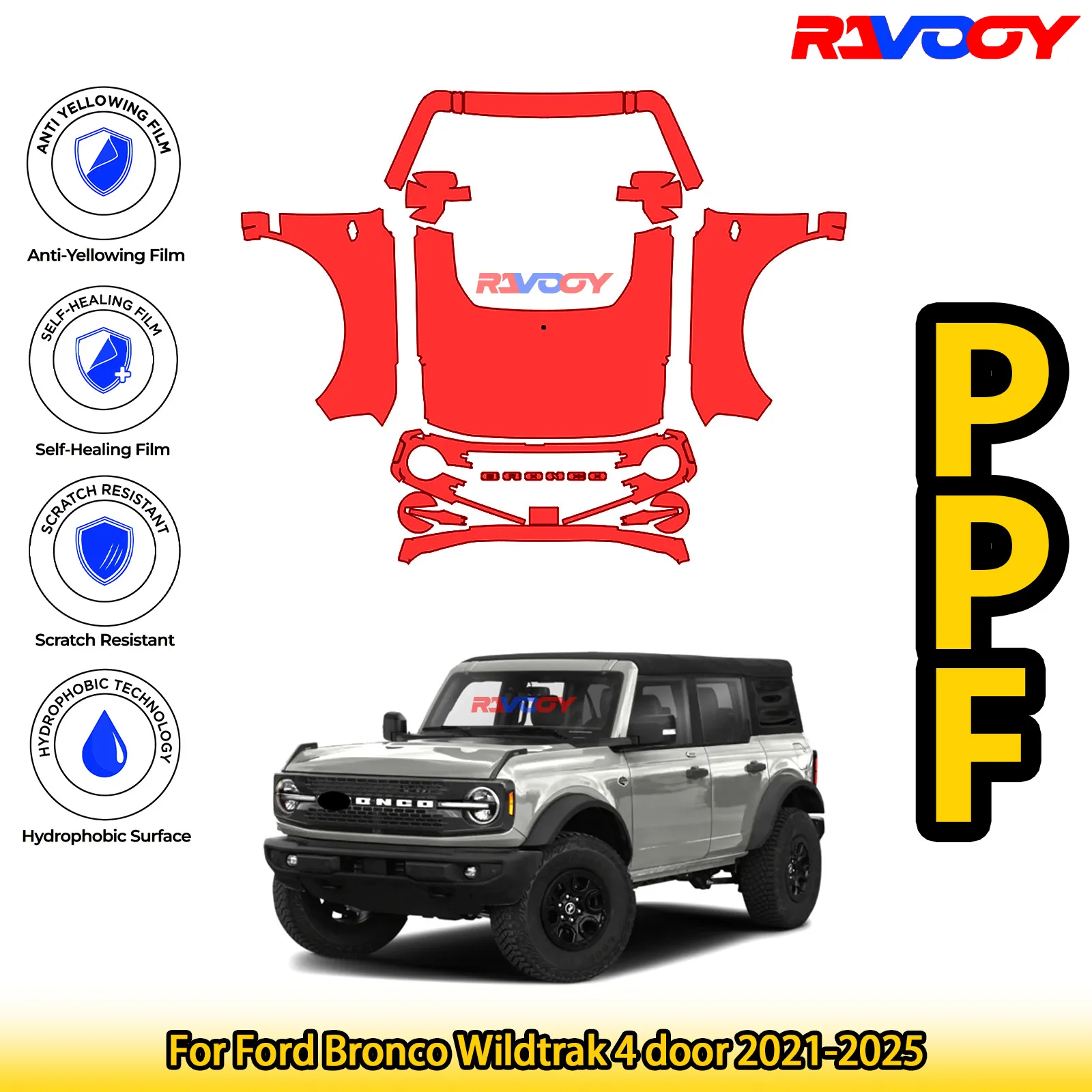

For Ford Bronco Wildtrak 4 door 2021-2025 Glossy Matte Black Precut front PPF Kit Paint Protection Film