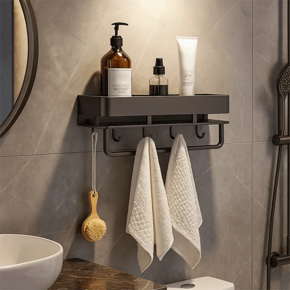 

Easy To Install Rustproof Bathroom Shelves Moisture-proof Wear-resistant Wall Shelf with Hook Shower Storage Rack Apartment