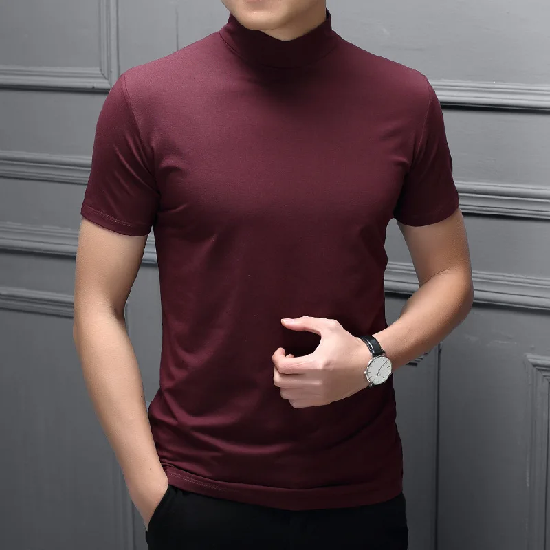 Spring And Summer Men Half high Collar Mercerized Cotton Short Sleeve Slim Body T-Shirt Men Solid Color Modale High Collar Trend