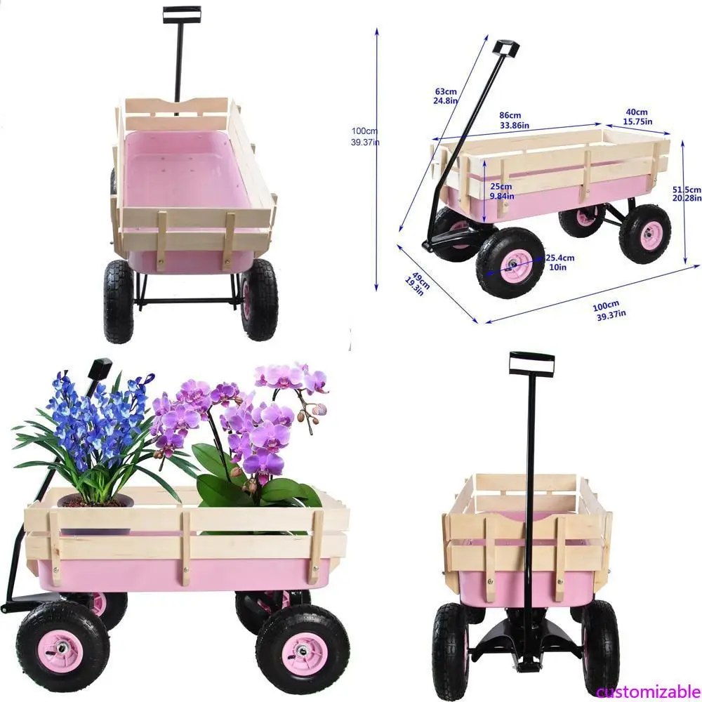 

Прочный стальной садовый универсальный вагон 176 фунтов с деревянными перилами и складной ручкой