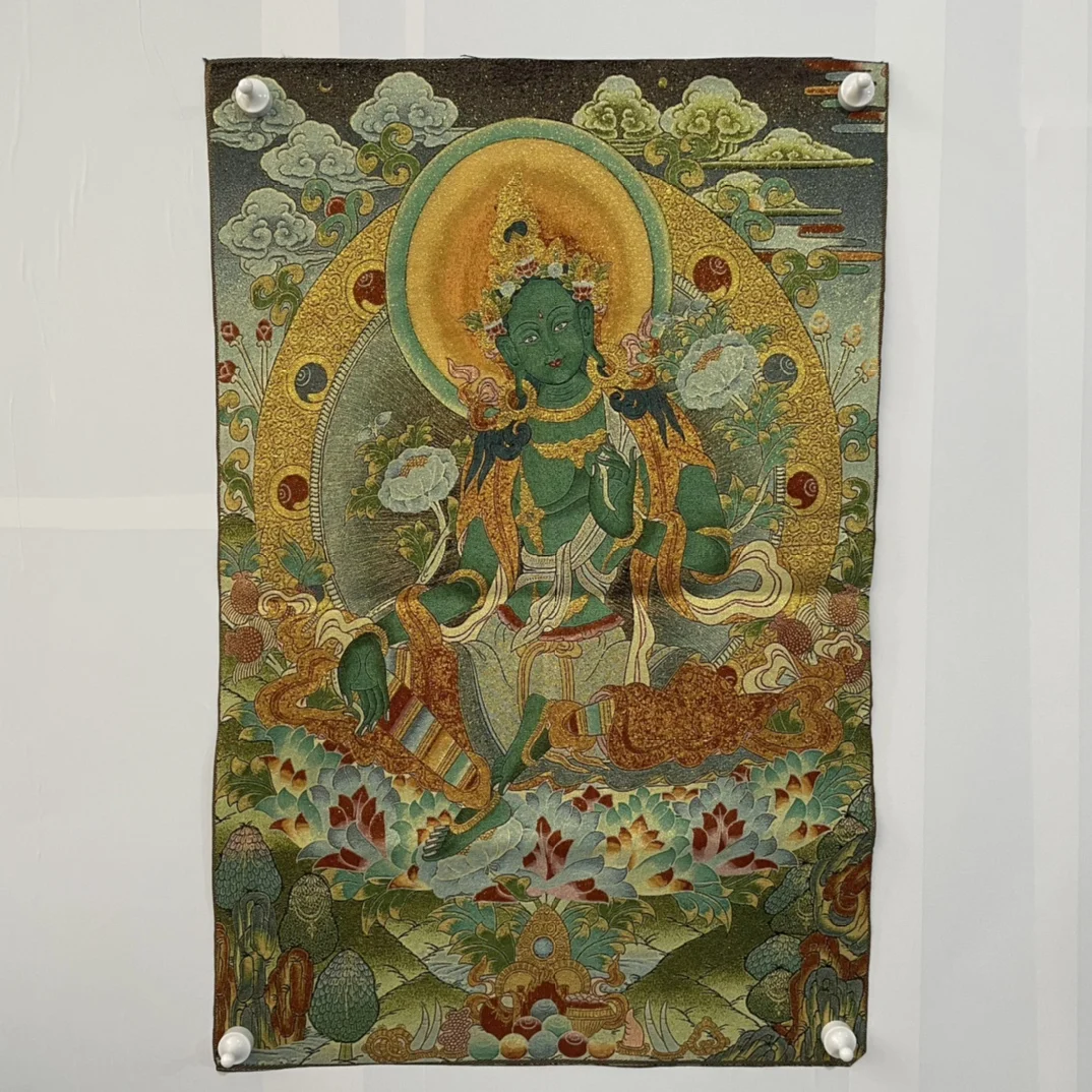 Old Thangka Tibetan Buddhism silk Embroidery brocade Nepal Green Tara Sitting Buddha Thangka Worship Hall Town house