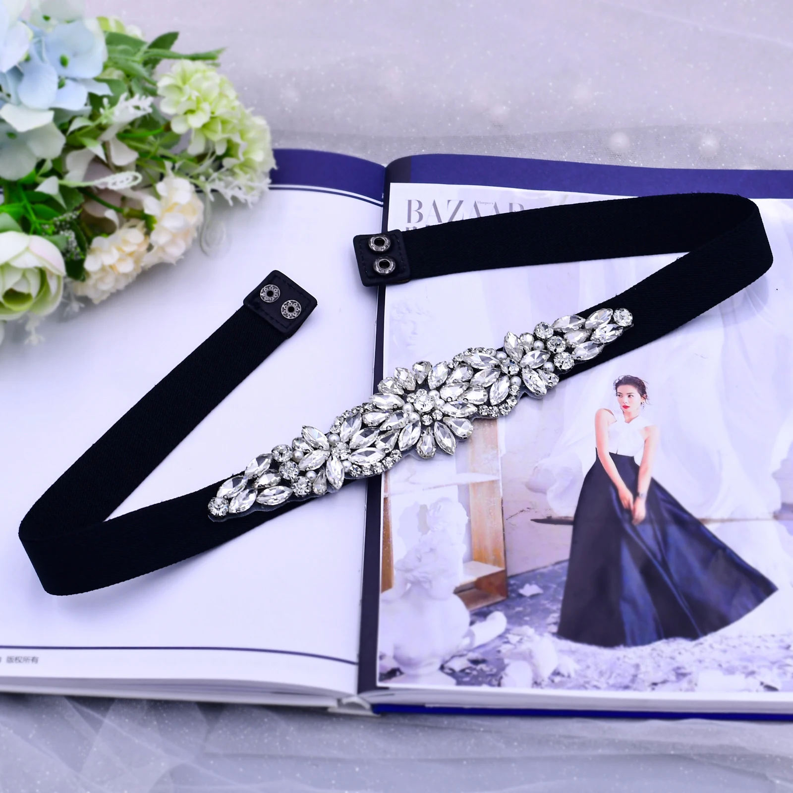 ยืดหยุ่นเข็มขัด Rhinestone สีดำ Cummerbund สำหรับสุภาพสตรีเข็มขัดแต่งงานชุดเข็มขัดแต่งงานชุดเข็มขัด Party