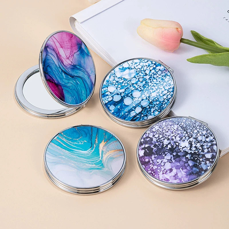 1Pcs Portable Small Double-Sided Folding Cosmetic Mirror Creative Makeup Round Stripe Pattern Mirror Compact Pocket Mirror