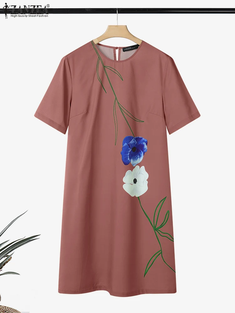 ZANZEA Flower Printing Day Wear Knee-Length Dresses Summer O-Neck Short Sleeve Womens T-Shirt Robes Femme Casual Short Vestidos