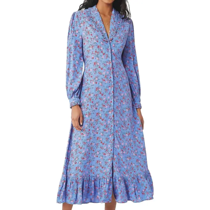 

Kate Princess Blue Print Dress Elegant V-Neck Shawl Collar Long Sleeve Ruffle Dresses A00904