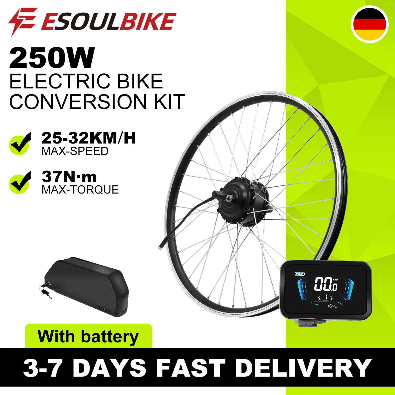 Kit di conversione per bicicletta elettrica ESOULBIKE 36V 250W con batteria, motore mozzo impermeabile, kit di conversione per biciclette elettriche da 26", 27,5", 28", 29" e 700C.