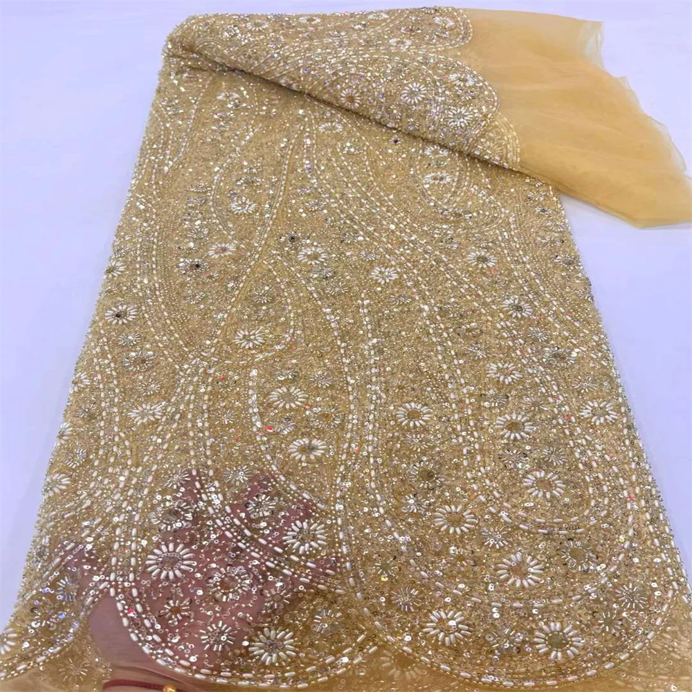 Nuovo tessuto di pizzo africano 2024 tessuto di pizzo a rete francese di alta qualità con perline paillettes tessuti di pizzo nigeriano per abito da sposa