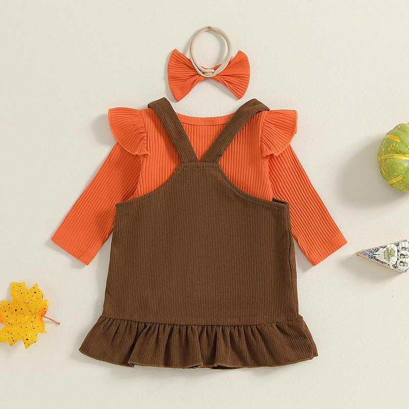 ملابس عيد الشكر للفتيات ، رومبير بأكمام طويلة ، فستان شامل ، مجموعة عصابة رأس ، ملابس الخريف ، 3 * *