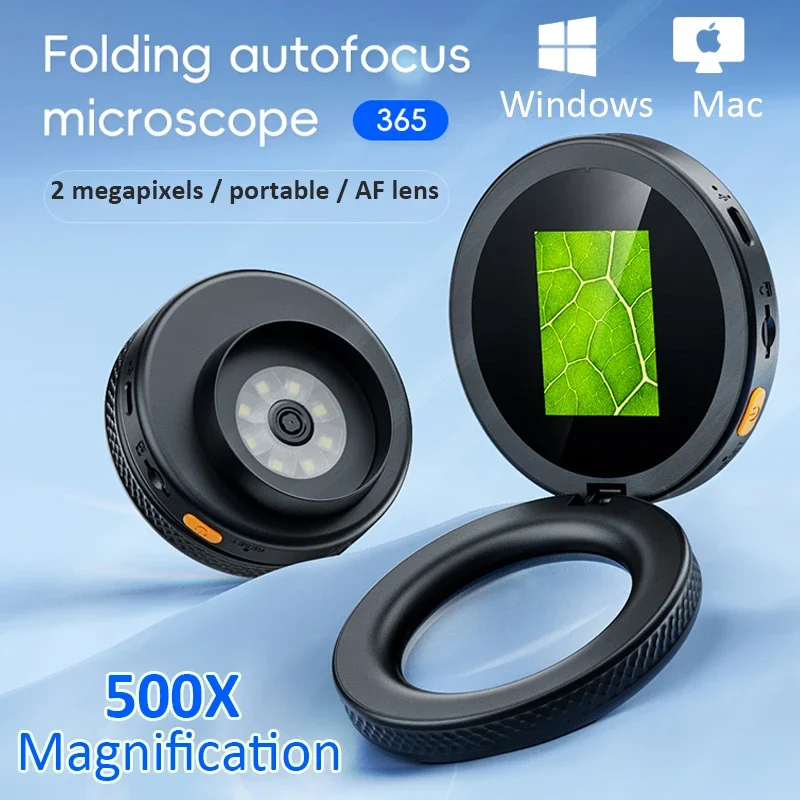 2.0 inch 500X Autofocus Digital Microscope 1080P Video Microscopes Foldable Magnifying Glass with 8 Leds for Coins Windows/Mac
