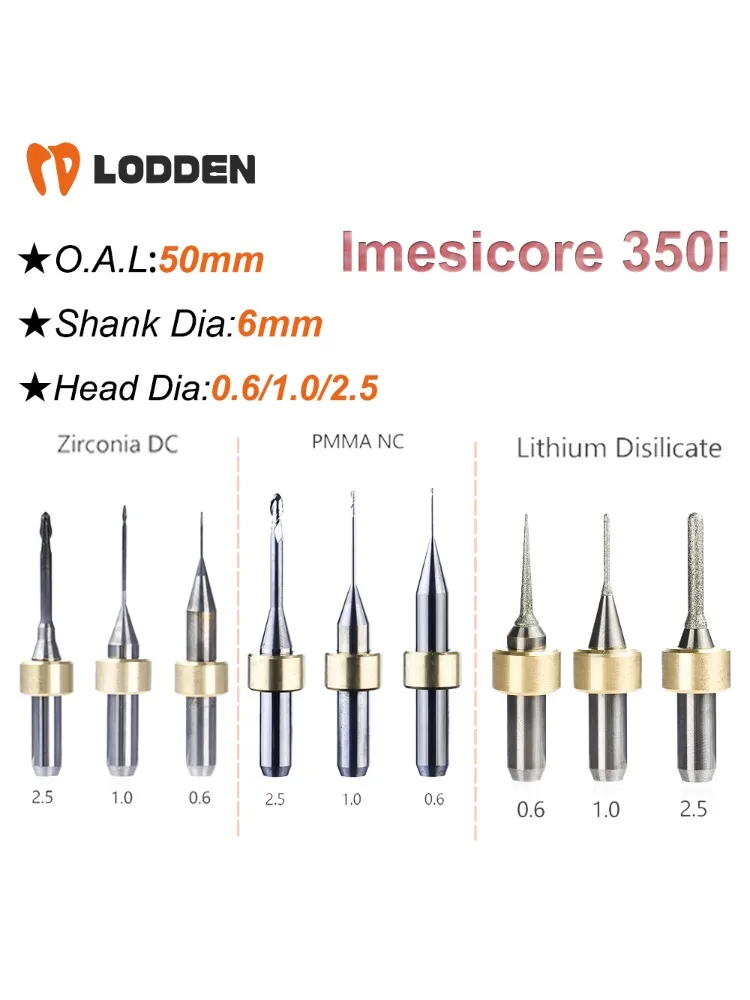 Imesicore 350i fraises meulage dentaire zircone/PMMA/Lithium Disilicate D6 tige 50mm longueur 0.6/1.0/2.5mm outil de meulage