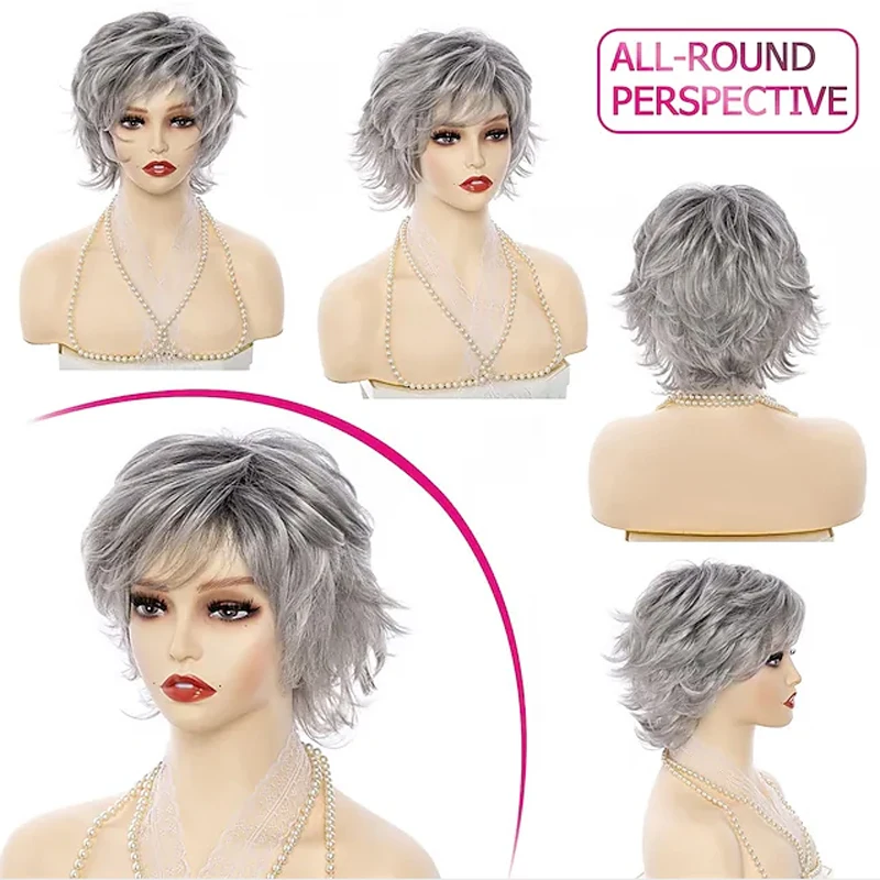 HAIRJOY Synthetic Hair Mix Color for Women Heat Resistant Fiber Daily Short Curly Wigs Gray Fluffy Layered with Bangs