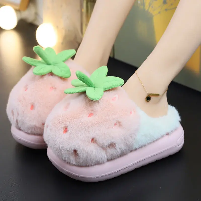 Newest 2026 Creative Strawberry Fur Slippers with Stem Ladies Platfrom EVA Plush Slides Shoes for Women Brand Plush Slippers