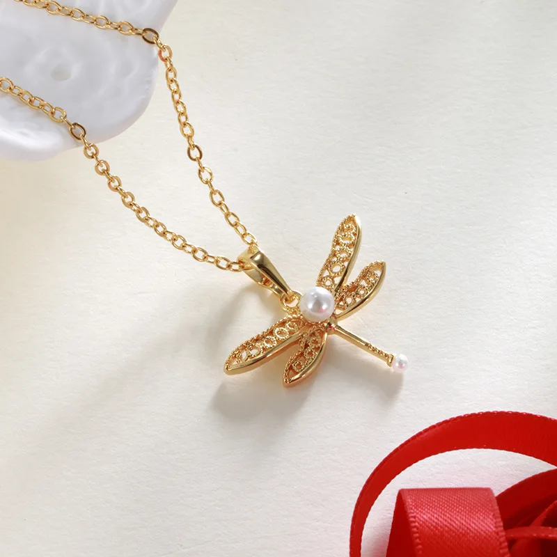 Luxury 24K 9999 Pure Gold real gold Dragonfly shape hollow design pearl pendant necklace