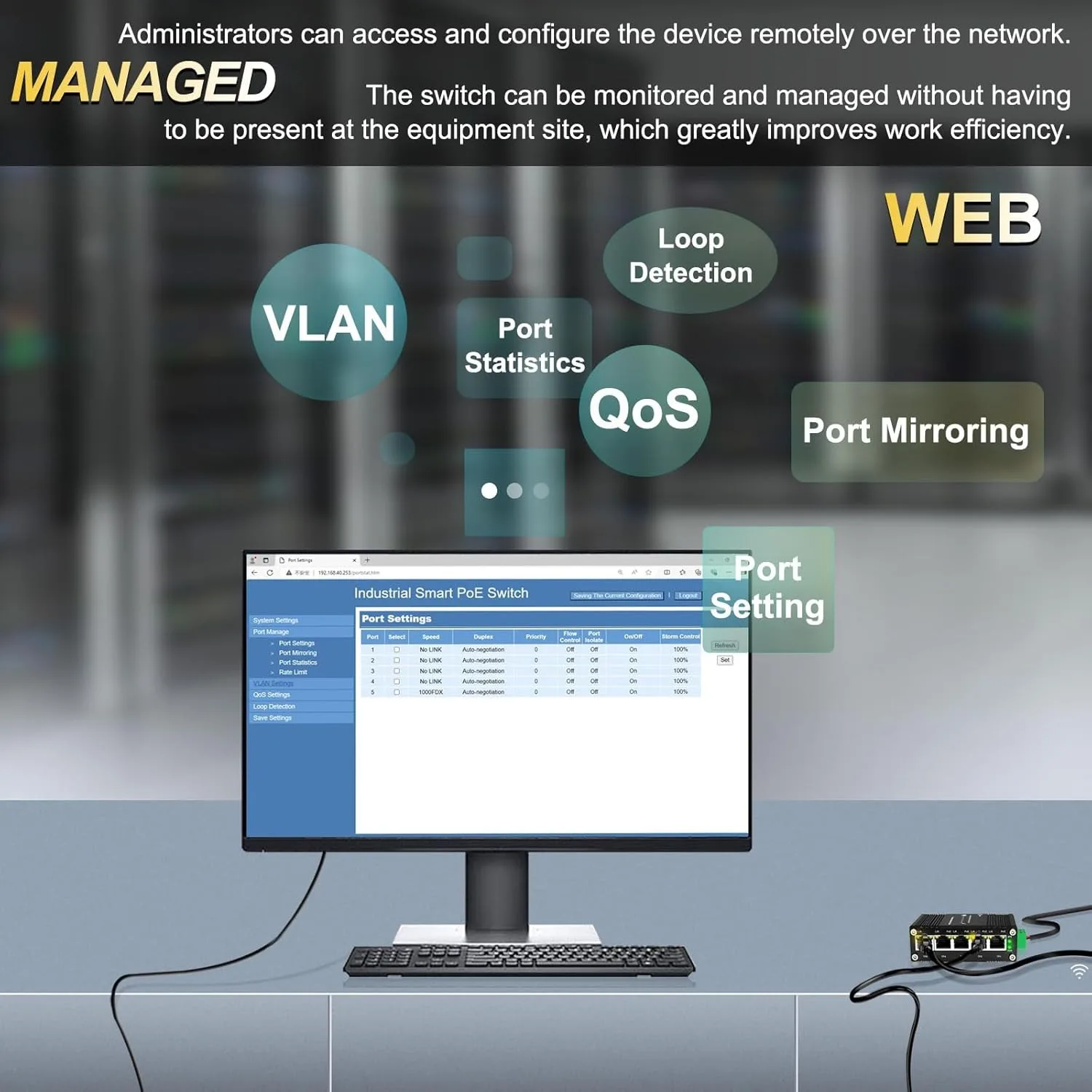 Managed 5-port PoE Switch 1Uplink+4PoE Industrial Gigabit Ethernet Switch Web Management,QoS,Vlan, Din rail & Wall mount