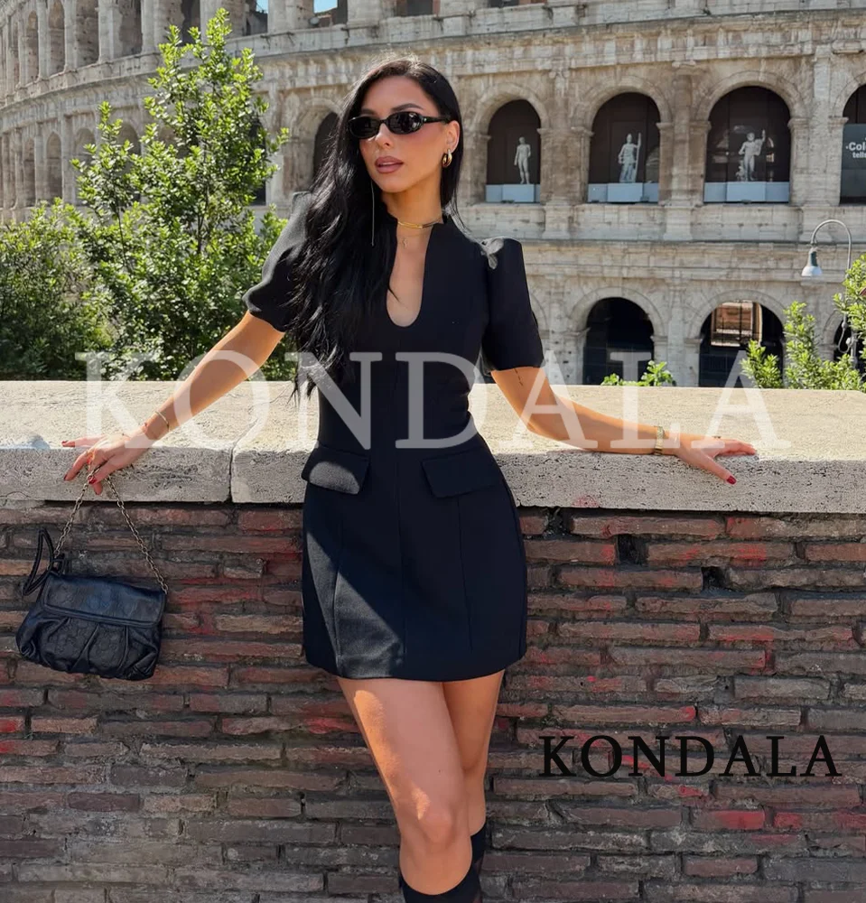 KONDALA Urlaubskleid mit Puffärmeln für Damen, Mini-Kleid mit O-Ausschnitt und Reißverschluss, Modisches Kurzkleid für Frühling/Sommer 2026, Elegantes Party- und Date-Kleid
