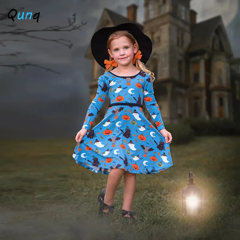 Qunq 2023 Autumn INS New Halloween Costume Girls O Neck Long Sleeve Cartoon Print Lovely Dress Casual Kids Clothes Age 3T-8T