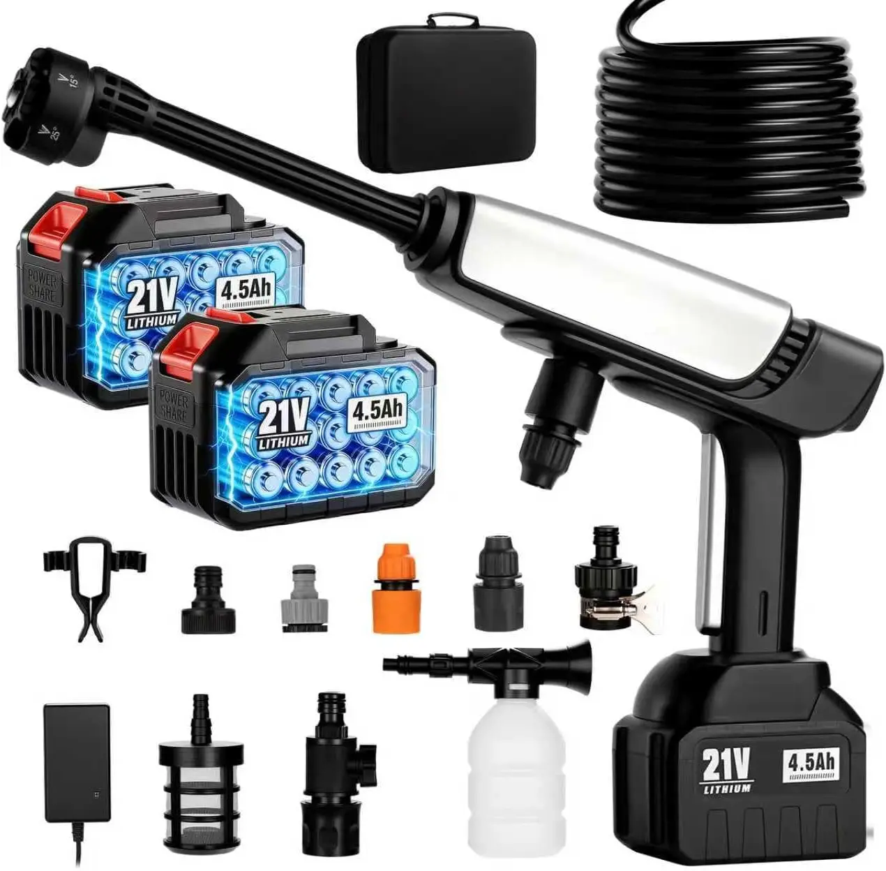 

Портативная беспроводная мойка высокого давления с 2 аккумуляторами, зарядным устройством и насадкой 6-в-1 для автомобиля, дома и сада