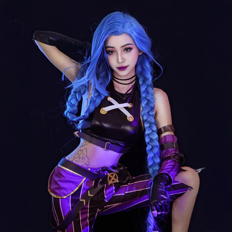 Double City Battle Runaway Girl Jinx شعر مستعار كوسبلاي LOL League قطعة واحدة 120 سم