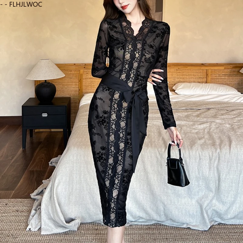 Hollow Out Black Lace Dresses New Fashion Woman Evening Elegant Office Lady European Retro Vintage Long Basic Shirt Dress