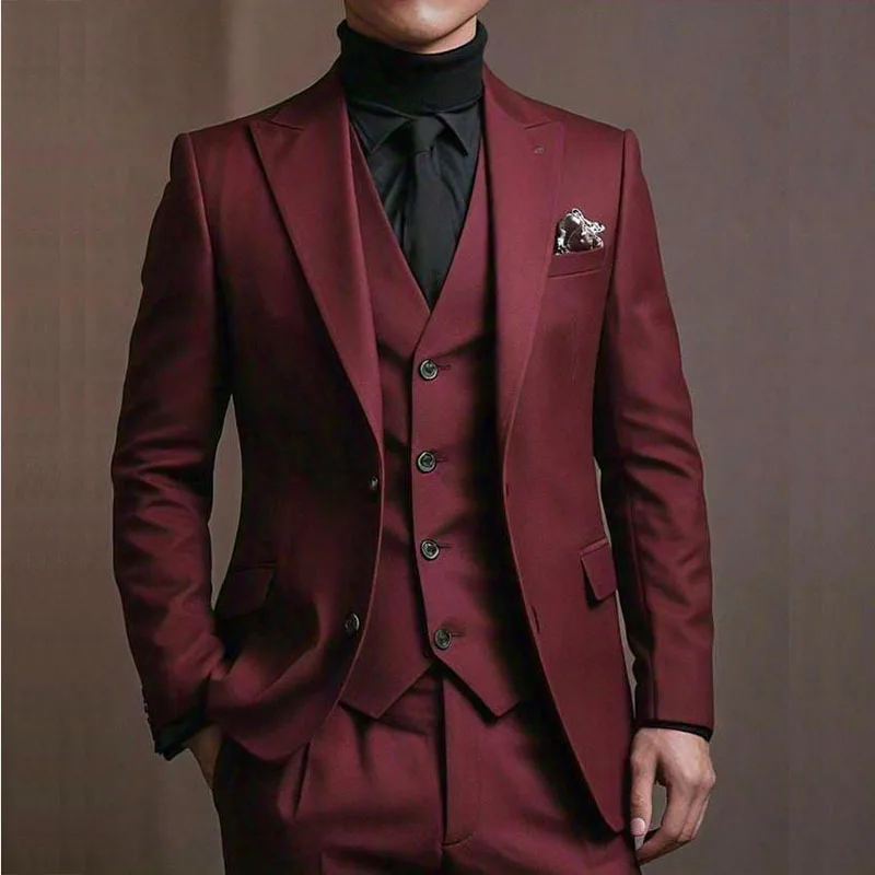 

High Quality Burgundy Slim Fit Men's Suits Single Breasted Peak Lapel Regular Length Wedding 3 Piece Jacket Pants Vest Costume