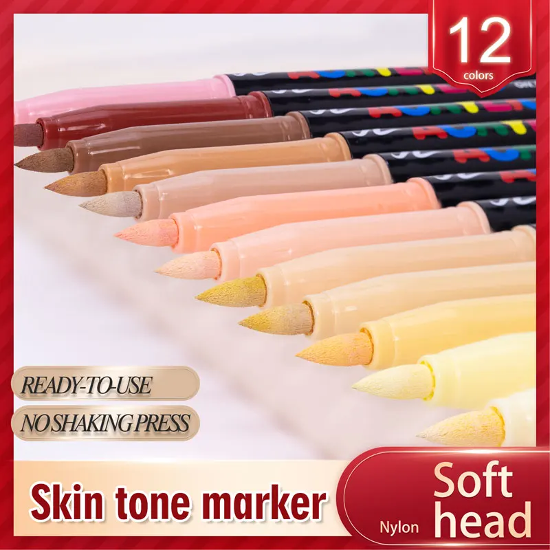 12 Colors Skin Tone Markers Pens,Nylon Soft head Acrylic Markers,Waterproof Pen Soft brush Nib Skin Color Figure Painting