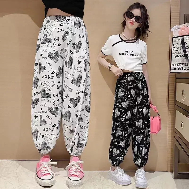 

Kids Girl Heart Print Pants 2025 New Arrival Children Mosquito Proof Trousers Summer Thin Lantern Pants Green Plaid Jogger Pants
