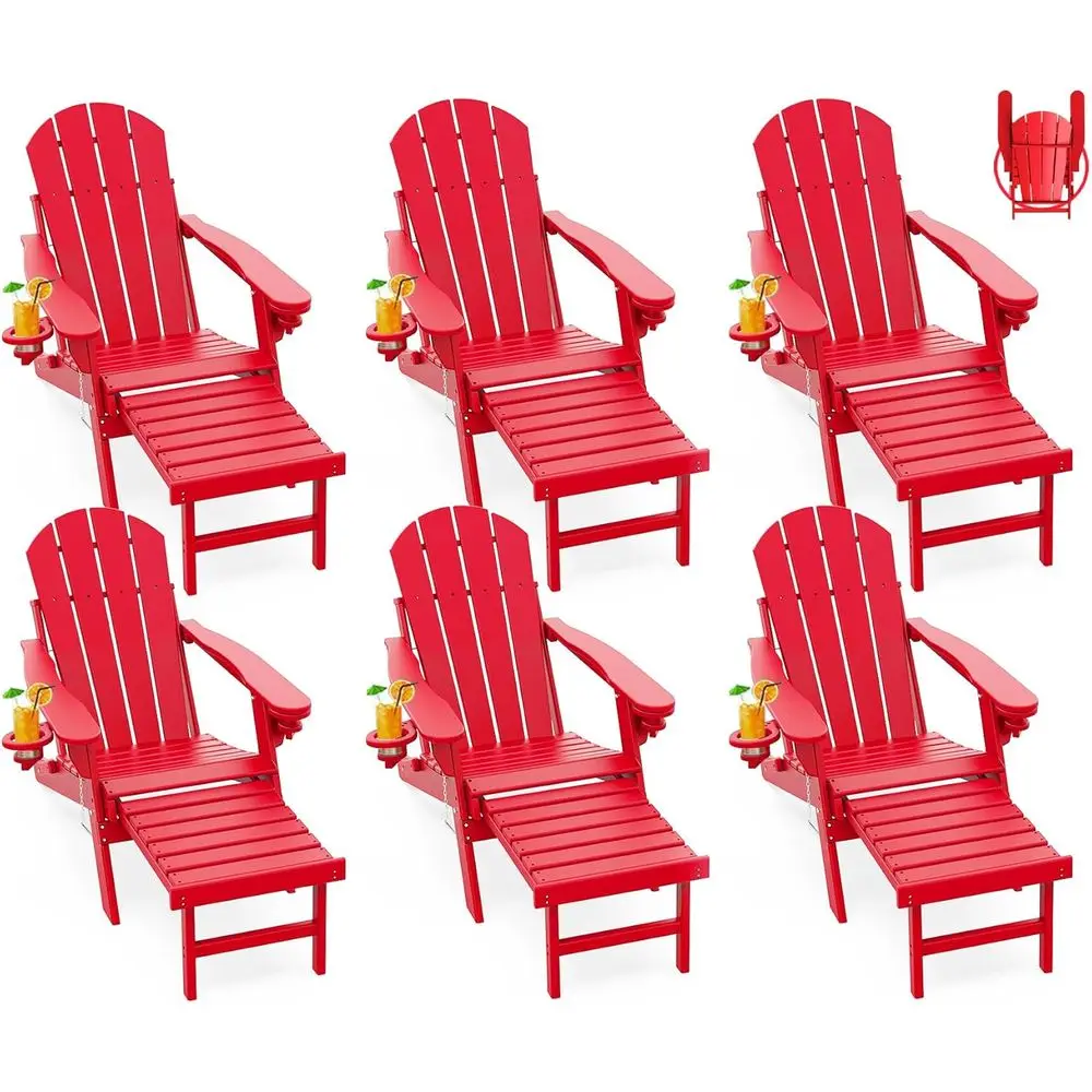 

Adirondack-Chairs-with-Ottoman | Set o 6 | olding | Retractable-ootrest | HDPE Plastic | All Weather ire Pit Chair | Cup Holders