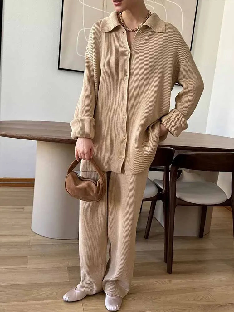 BKQU Knitted Cardigan Pants Sets Women Single Breasted Lapel Sweater+High Waist Wide Leg Trousers 2 Pieces Autumn Street Outfits