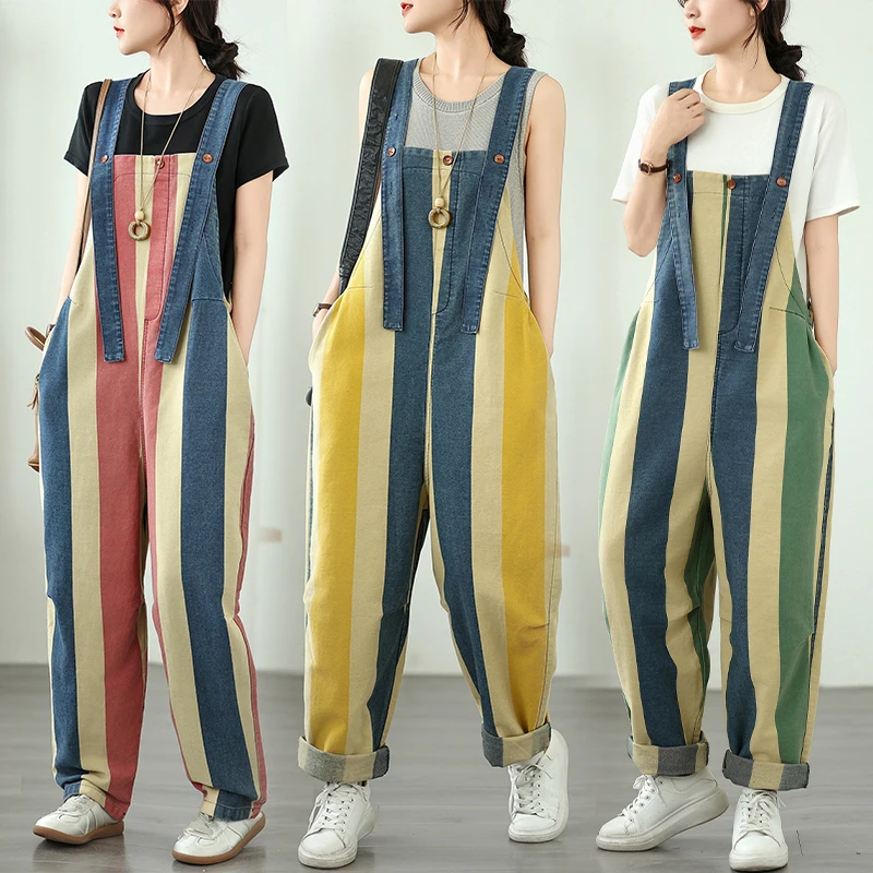 Verano 2025 Mono vaquero holgado para mujer con grandes kets y pantalones vaqueros largos resistentes al desgaste con diseño de sangre de colores a rayas