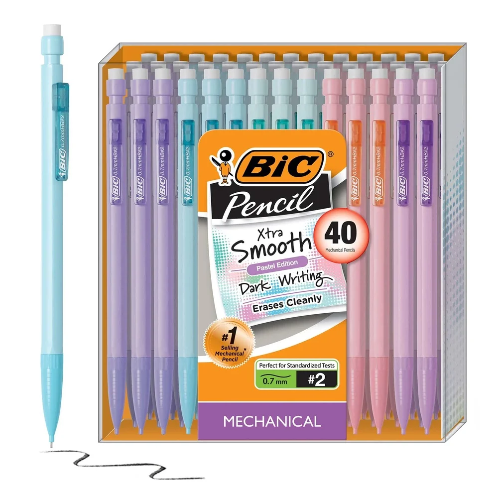 Mechanical Pencil 0.7mm #2 Smooth Writing Black Lead Quick Advance Erasable Assorted Pastel Colors 40 Count Perfect Tests