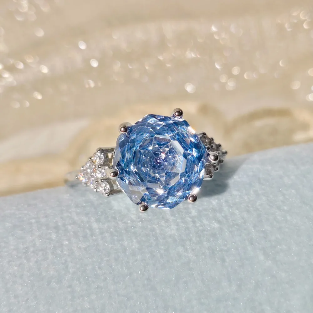 925 Sterling Silver Octagonal Millennium Rose Cut High Carbon Diamond Triangular Edge Paraiba Elegant Jewelry Ring