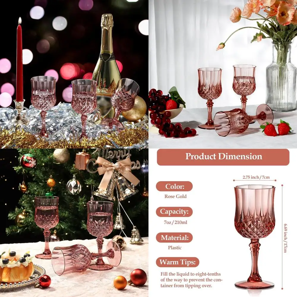

Set of 48 7oz Vintage-Style Plastic Wine Glasses, Unbreakable Drinkware for Weddings, Reusable Crystal-Like Goblets in Rose Gold