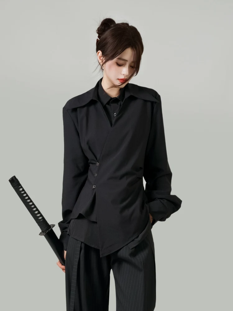 Dark Autumn Winter Asymmetric Loose Casual Simple Commuting Shirt for Men And Women Black High-End Feeling Long Sleeve Shirt