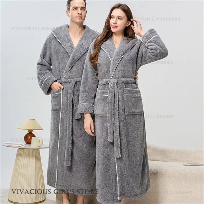 

Thicken Flannel Couople Long Robe Winter New Coral Fleece Hooded Kimono Bathrobe Gown Sleepwear Casual Men Women Homewear Pajama