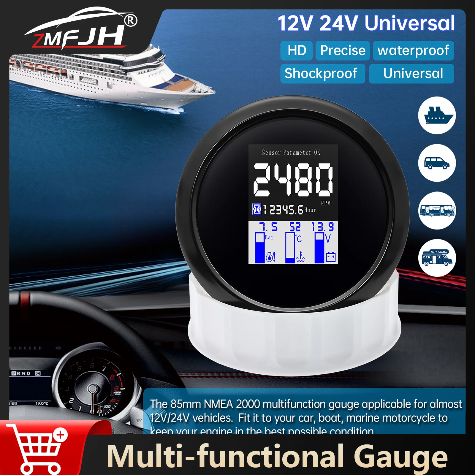 

85MM NMEA 2000 Multi-functional Gauge Speed Meter Tachometer Water Temperature Oil Pressure 4 in 1 Gauge For Car Boat 12V 24V