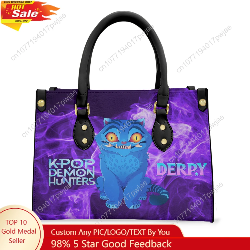 

KPop Demon Hunters Derpy Tiger Tote Bag Purse Womens Mens Personalized Text Image PU Leather Handbag Business Shopping Gift Bags