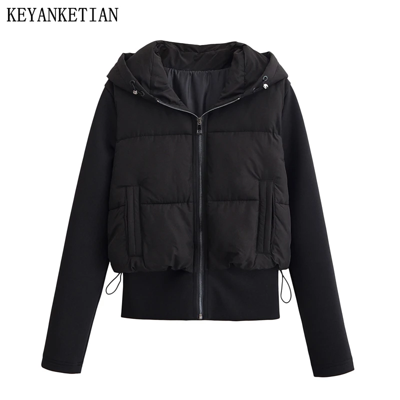 

KEYANKETIAN Winter New Women's Clothing Waist Cinching Splicing Drawstring Zipper Hooded Lightweight Cotton Jacket Women Coat